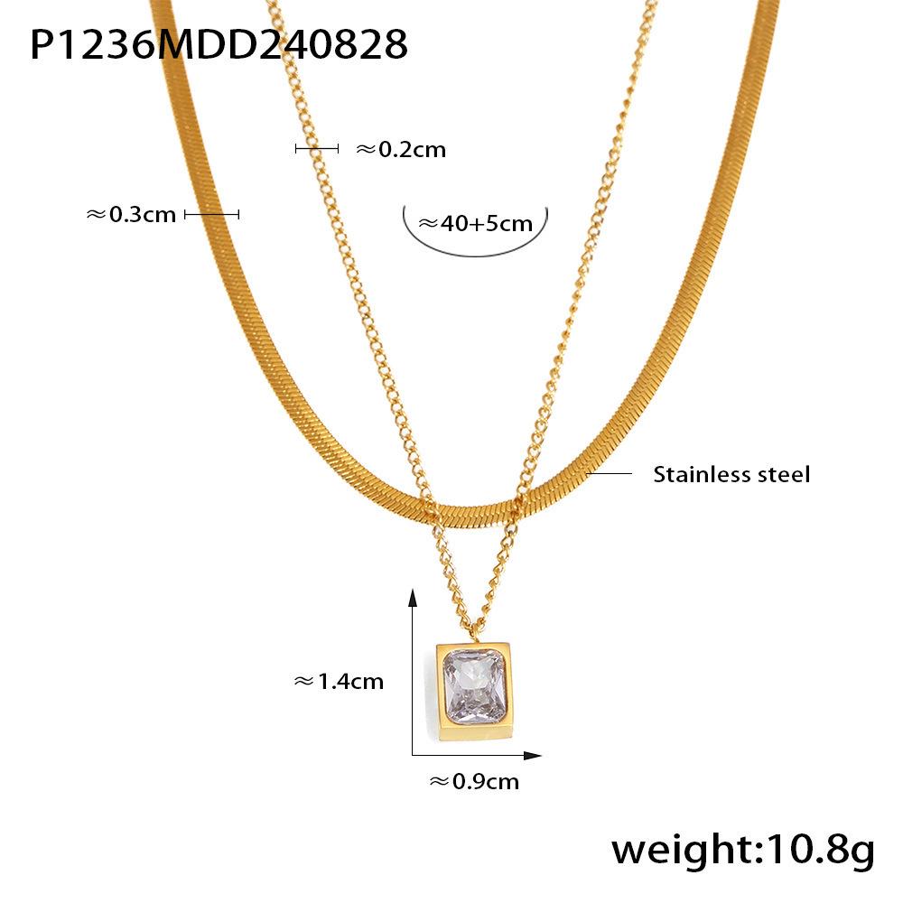 French Style Double Layer Blade & Zircon Pendant Stainless Steel Necklace for Women