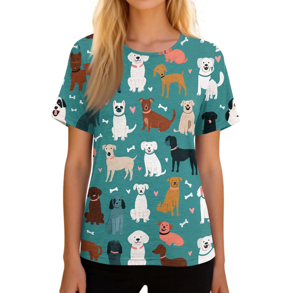 Women Shirt Animal Print Short Sleeve Top Shoulder Zipper Side Hook and Loop Closure Loose Fit Blouse