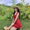 Wine Stained Roses, Small Flying Sleeves, Red Suspender Dress, Women's Summer Romantic Vacation Style Temperament Short Skirt