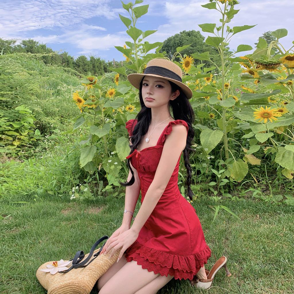 Wine Stained Roses, Small Flying Sleeves, Red Suspender Dress, Women's Summer Romantic Vacation Style Temperament Short Skirt