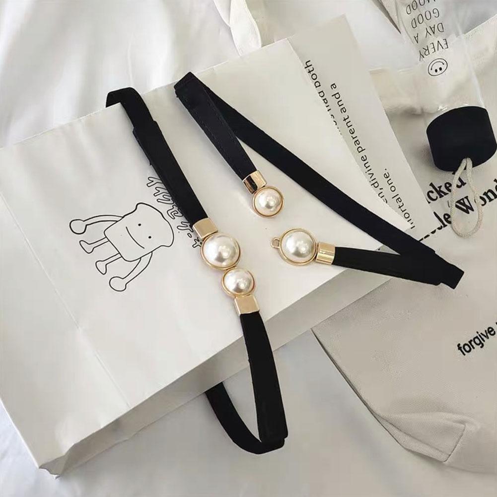 Women Double Pearl Belt Female Black Red White PU Leather Dress Skirt Waist Elastic Thin Belts Ladies Designer Waistband