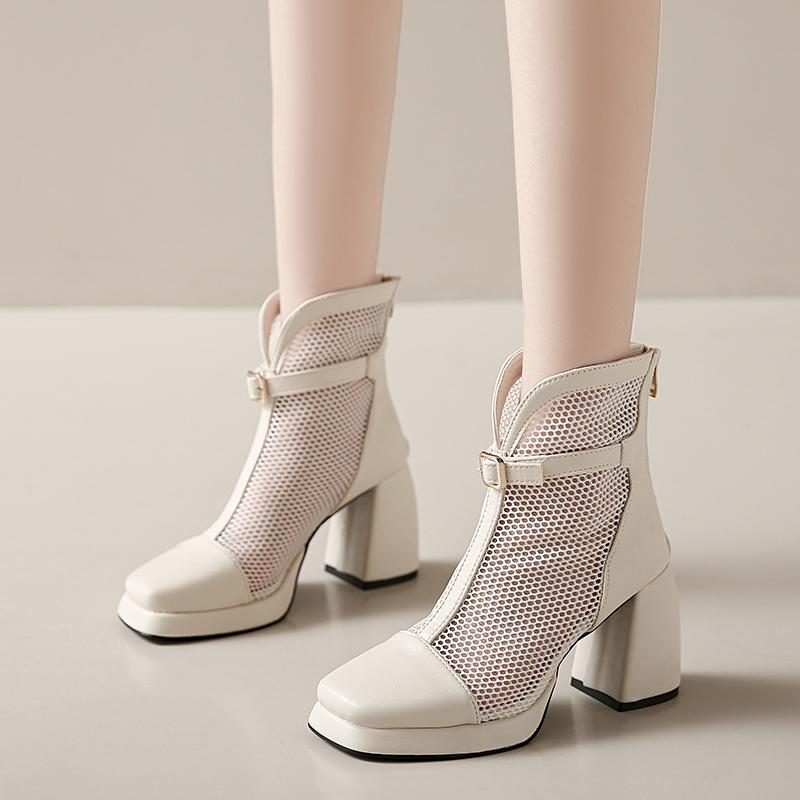 Fashion 2025 Fashion Mesh Women's Boots Breathable Square Toe Back Zip Chunky Heels Ankle Sandals Boots Elegant Buckle Modern Boots