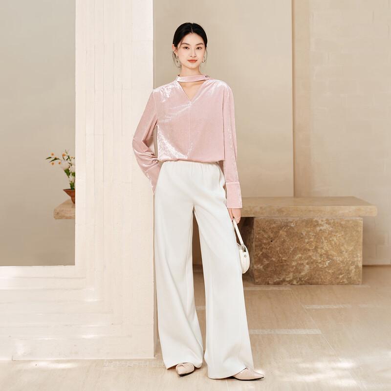 Xiangying Shijian Women's Velvet Long-Sleeve V-Neck Blouse