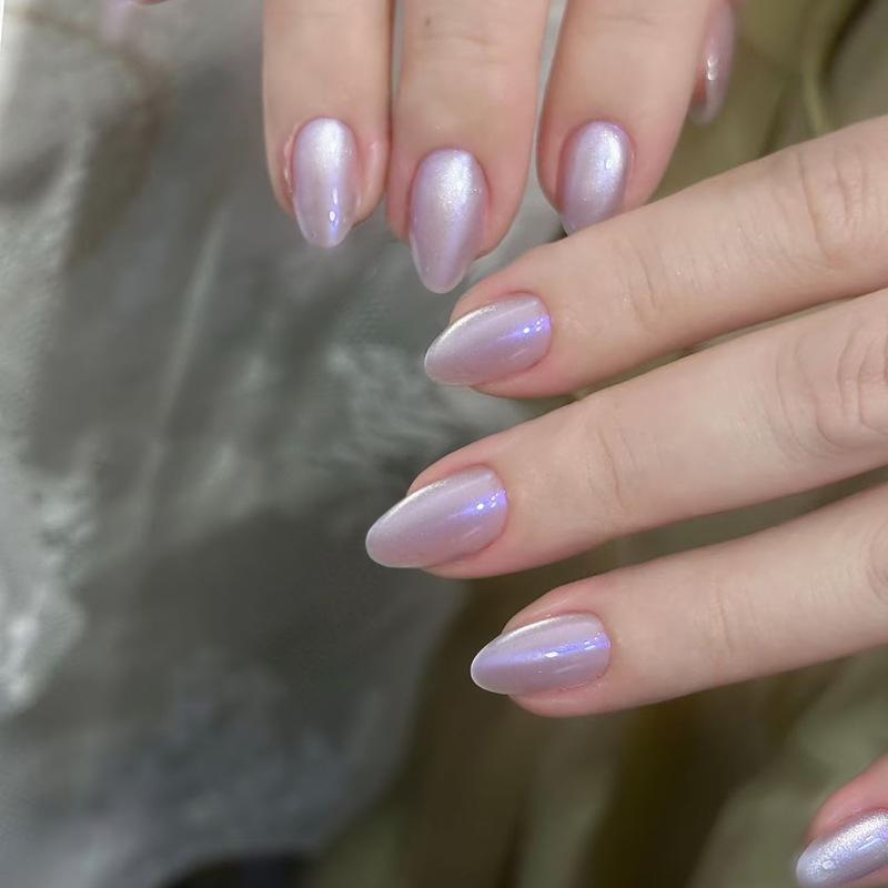24pcs Glossy Red Cat's Eye Press On Nails Full Cover Nude Wearable Almond False Nails Charms Detachable Fake Nail For Girl