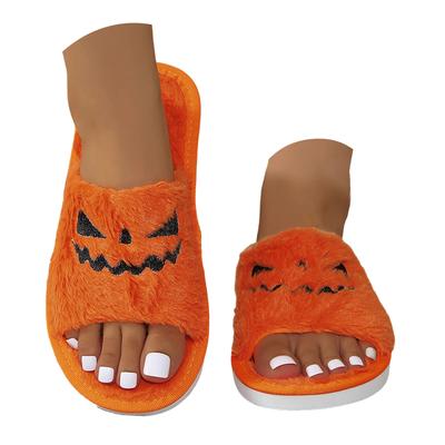 Women's Slippers Halloween Pumpkin Slippers Indoor Plush Open Toe Plush Warm Flat Slippers Rubber Slippers for Women