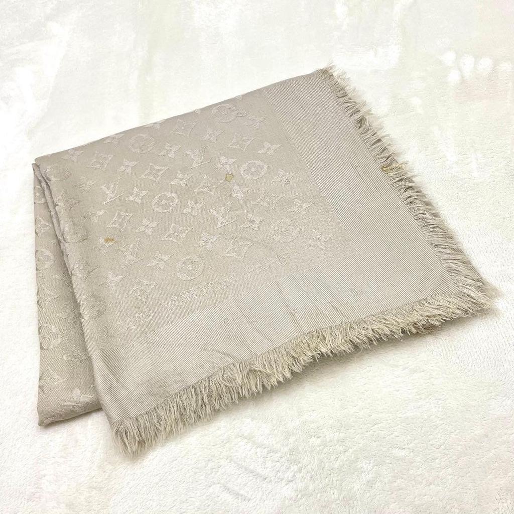 Used Louis Vuitton Monogram Large Stole Shawl Silk Wool Gray