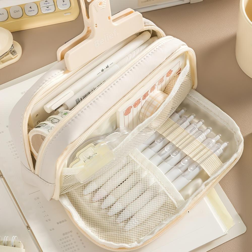 Hemp Rope Pencil Case Pen Bag 3 Compartments Front Pocket Oxford Fabric Storage Pouch for Stationery School