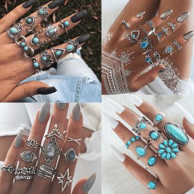 Vintage Bohemian Feather Turquoise Hollow 9 Piece Set Ring