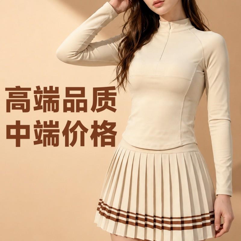 Womens Tennis Sport Set Long Sleeve Zipper Collar Skirted Outfit Striped Pleated Gym Workout Suit