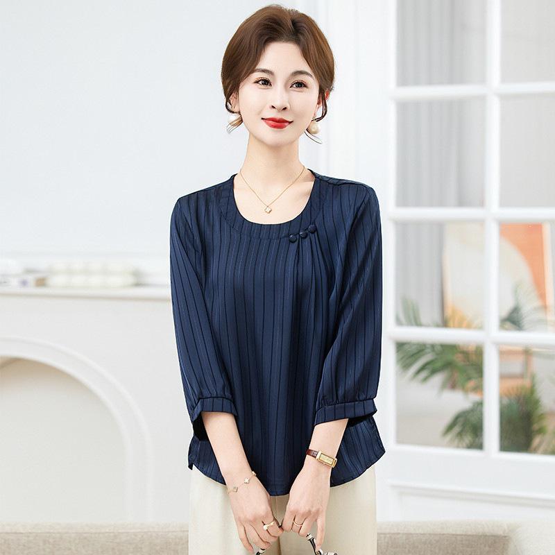 

Striped Round Neck Seven-Sleeve Top for Women: Stylish, Slimming, Age-Reducing, Perfect for Middle-Aged and Elderly Mothers XL (suggested 85-105 jin) темно-синий