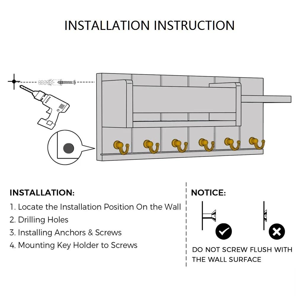 Dekoratif Anahtarlık ve Posta Düzenleyici 6 Anahtar Kancası ile Rustik Ahşap Anahtar Tutucu Raflı Duvara Monte Oturma Odası Girişi İçin