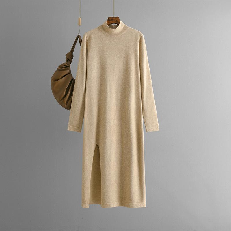 Semi-turtleneck new knitted dress for women's autumn and winter solid color slit long-sleeved leggings trousers with sweater skirt