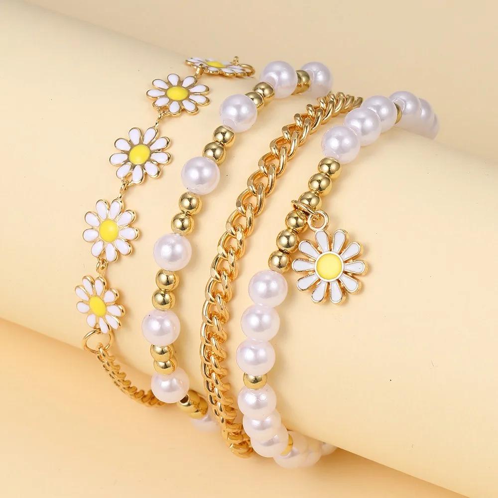 4PC Fashion Daisy Bracelet Imitation Zircon Beads Stainless Steel For Women Handmade Wrist Chain Accessories Zircon Gifts