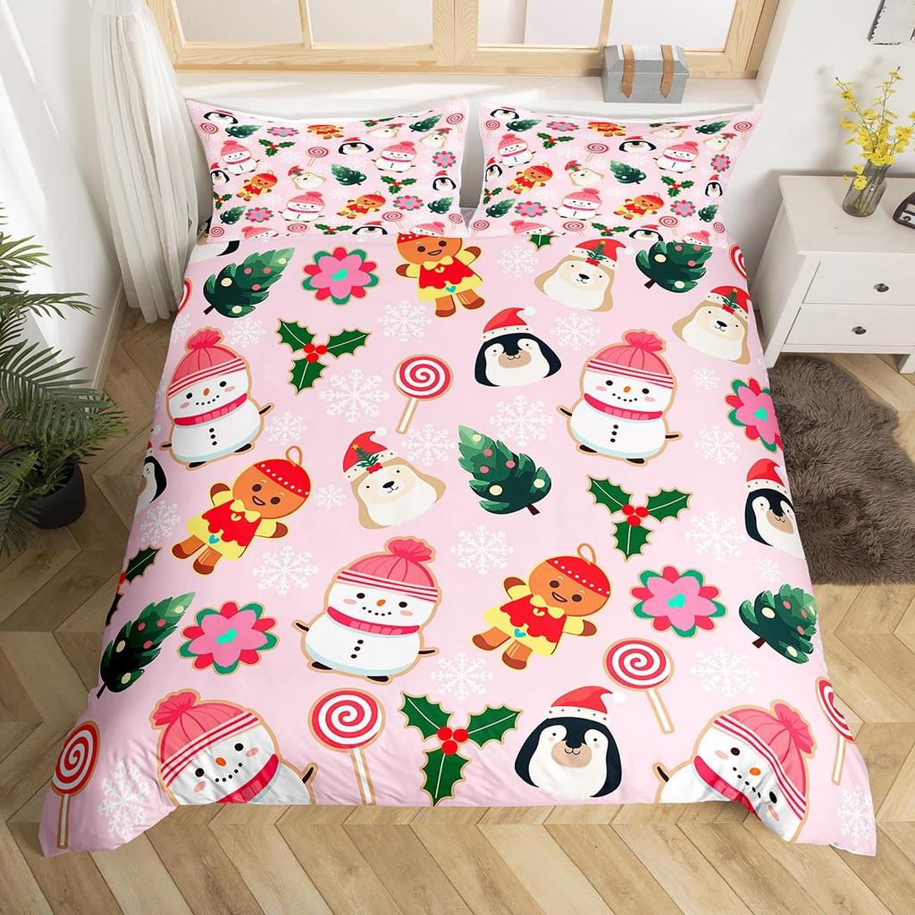Gingerbread Man Xmas Theme Duvet Cover Christmas Comforter Cover Cartoon Snowman Christmas Tree Bedding Set Pink Quilt Cover