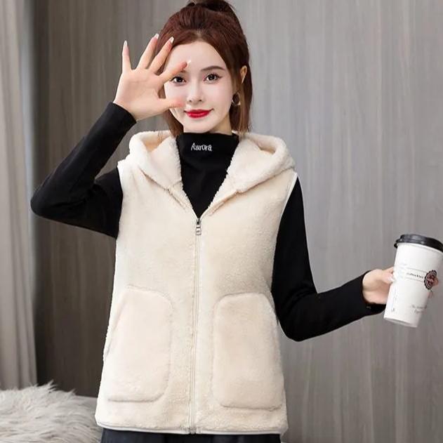 

Осенне-зимний жилет из кораллового флиса, женский, большой размер, утолщенный, теплый, свободный, с капюшоном, модный жилет XXXL бежевый