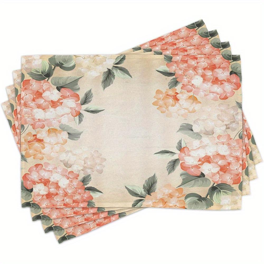 4 - Piece Pink Hydrangea Pattern Linen Placemats, 12 x 18 Inches, Washable Table Mats for Kitchen Home Decor 30x45cm-6PC