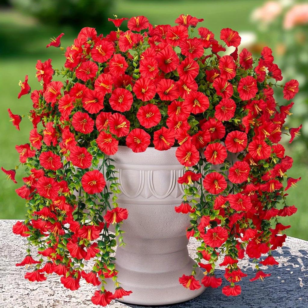 2pcs Artificial Hanging Petunia & Eucalyptus Flowers - Weatherproof Vibrant Orange Blooms with Green Leaves, Garden Decorations, Patio Decoration