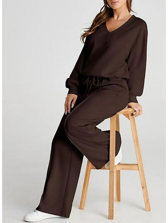Conjunto Casual de Sudadera de Color Sólido con Cuello en V y Pantalones Largos para Mujer Otoño/Invierno 2025 - Moda Europea/Americana