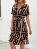 Elegant and Sophisticated Short-sleeved Plaid Dress, Perfect for Summer Vacations, with a Small Hem, Belted Waist, V-neck, A-line Midi Skirt.