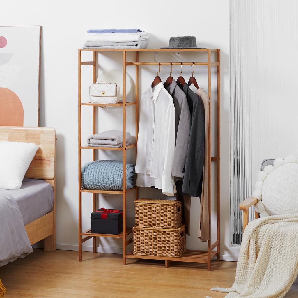 Bamboo Coat Rack with 6-Tier Shelving and Hanger Bar, 90x30x145cm, Natural Wood
