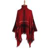 2025 Women's Mid-Length High Neck Fringe Shawl Cape - European American Autumn Winter Color Block Loose Knit Sweater