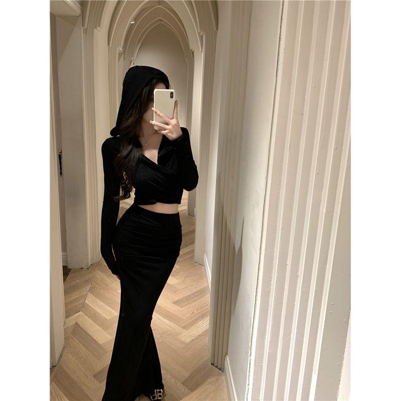 Kumikumi Pure Desire Style Set Hood Chic Long sleeves Shirt Women Autumn Slim fit Slimming Sheath Skirt Two-piece Set