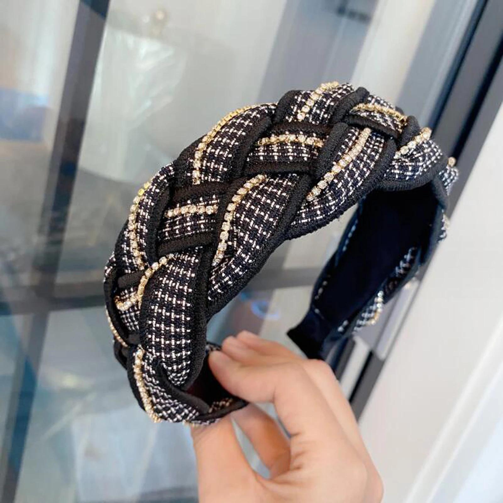 

Новая Модная Повязка на Голову для Женщин Широкая Повязка Тюрбан Ручной Работы Плетеная Головной Убор Блестящие Стразы Аксессуары для Волос