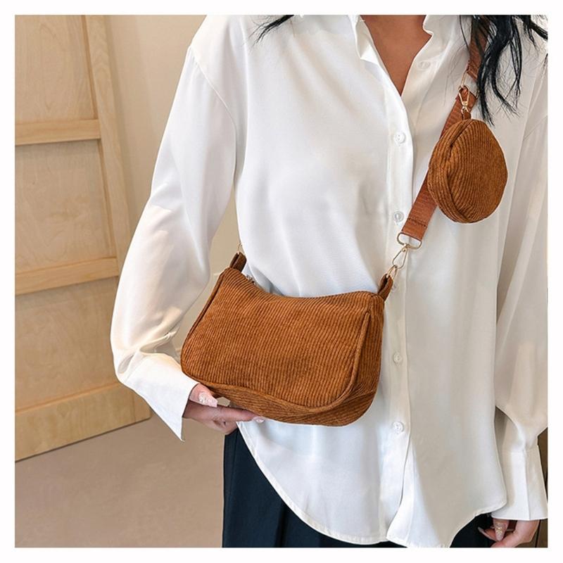 Womens Fashion Solid Color Corduroy Underarm Bag with Coin Purse Pouches Shoulder Crossbody Bag for Shopping Dating Work