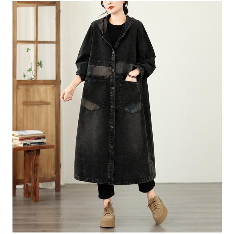 European Style Patchwork Denim Jacket Women Hooded Loose Fit Long Trench Coat Autumn Oversized Outerwear Plus Size
