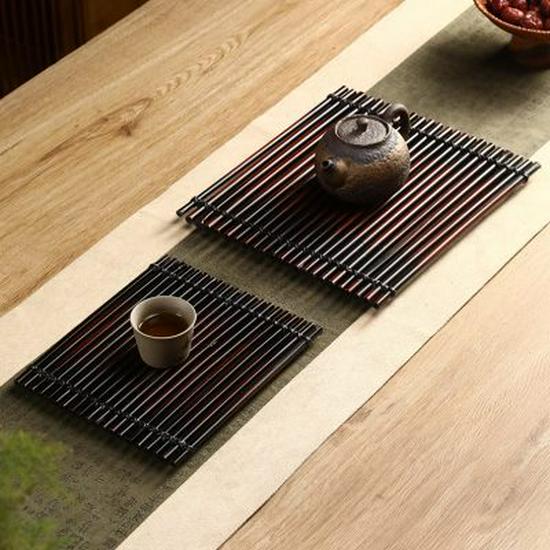 Retro Bamboo Tea Ceremony Coaster Set: Heat Insulation Placemat, Woven Tea Mat, Purple Bamboo Ornament, Tea Accessories.