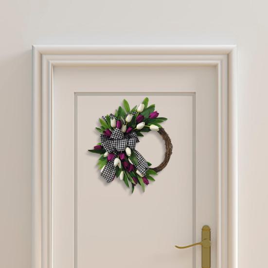 Tulip Wreath for Front Door Spring Artificial Tulip Rattan Wreath with Green Leaves And Plaid Bow for Farmhouse Wall Window Easter Home Decor