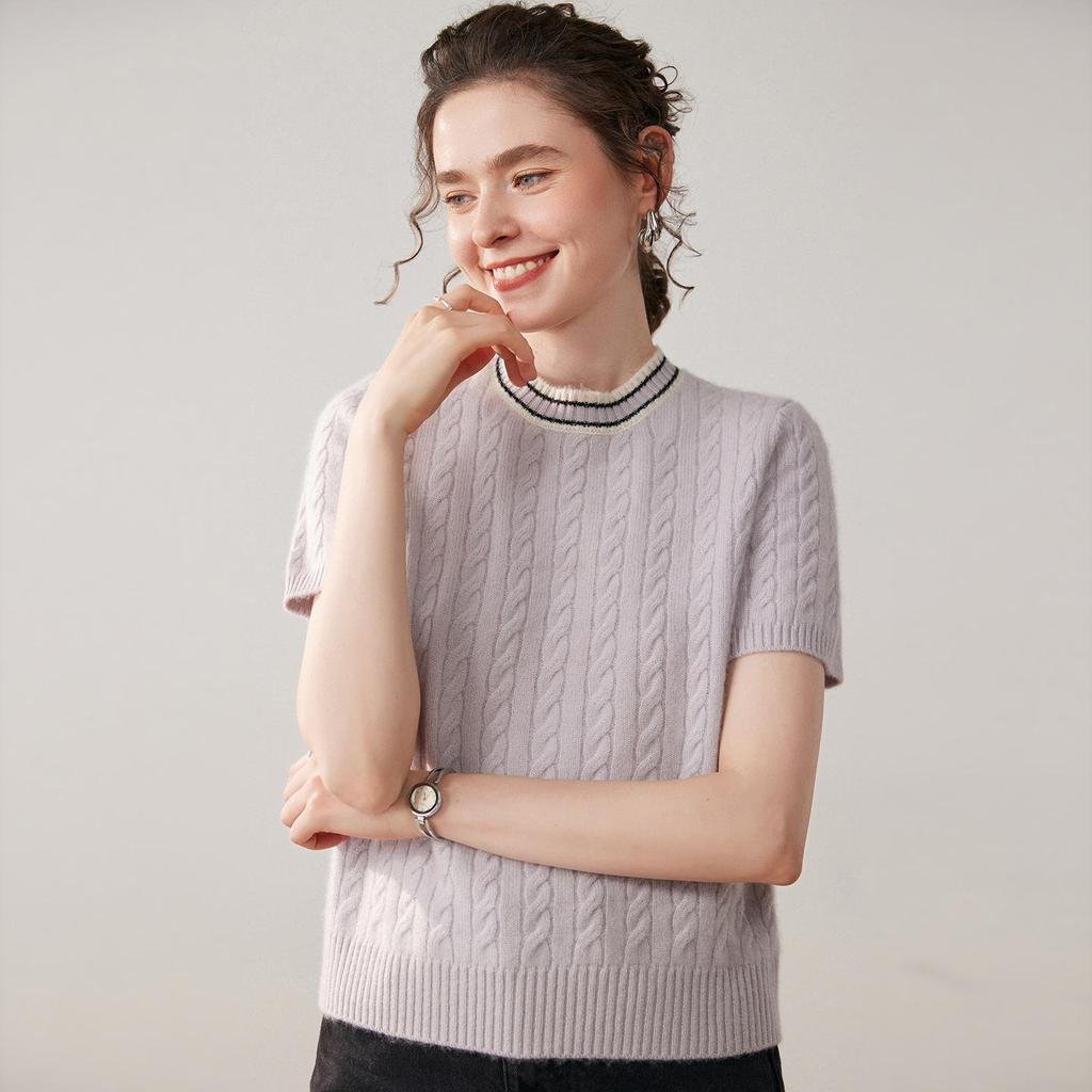Women's Cashmere Color Block Short Sleeve Round Neck Loose Cable Knit Sweater
