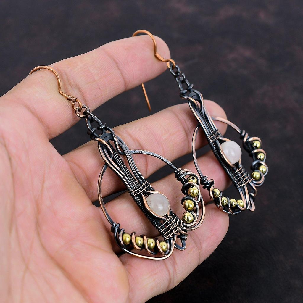 Rose Quartz Earring Copper Wire Wrapped Earrings Handmade Jewelry Top Quality Gemstone Earrings Designer Copper Jewelry Gift For Anniversary