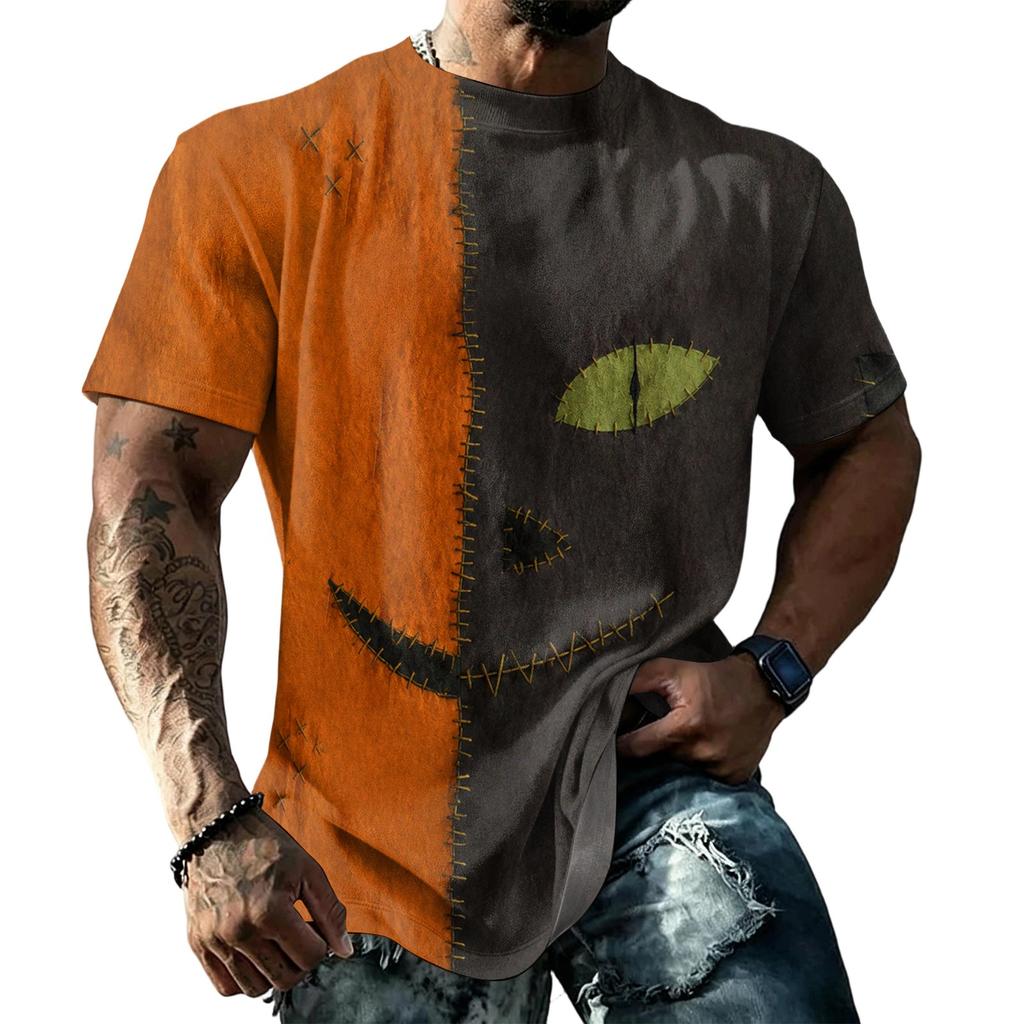 Loose Fit Casual Short Sleeve T Shirt Halloween Patchwork Stitch Print Top for Men and Women Unisex Comfortable Everyday Wear