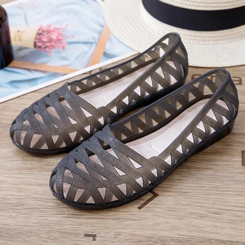 

Женские фиолетовые полые дышащие пластиковые туфли с круглым носком, недорогие танкетки, лаконичные повседневные повседневные мокасины 2025 40 чёрный