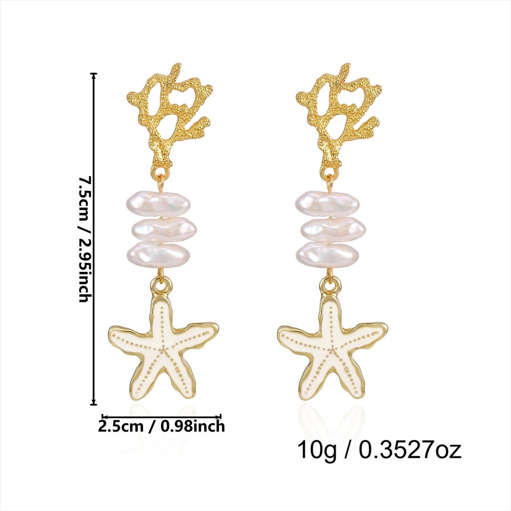 Gold Color Coral Starfish Dangle Earrings for Women Trendy White Enamel Lustrous Imitation Pearl Drop Studs Pretty Beach Jewelry
