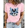 Women's Short-sleeved Crew Neck T-shirt with Blue Butterfly and Blue Flower Print