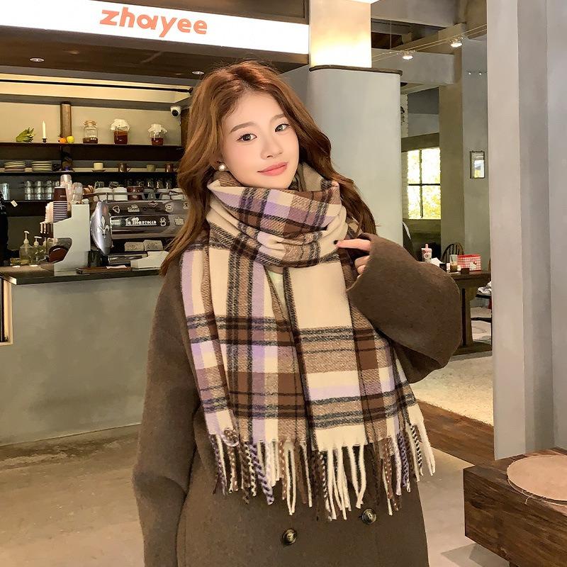 Scarf women's new winter thickened warm imitation cashmere plaid shawl versatile fringed scarf