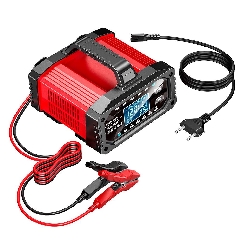 12/24V 15A Smart Battery Charger 10- Stage Charger Protect for LiFePo4 Wet Deep-Cycle Battery Usage