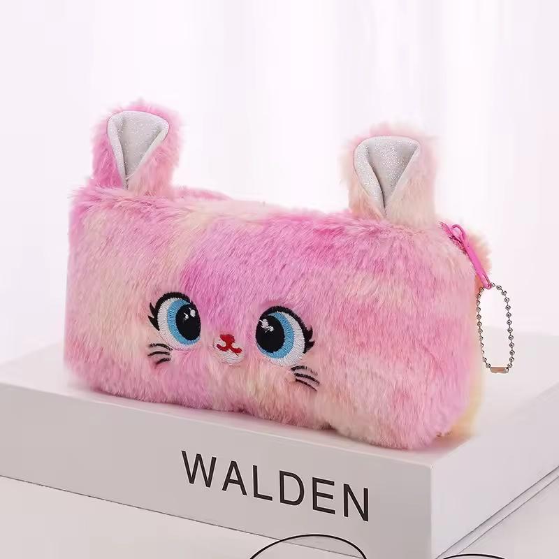 Kawaii Cat Large-capacity Zipper Pencil Bag, Beautiful Cartoon Creative Plush Pencil Bag for Girls Stationery Storage Bag