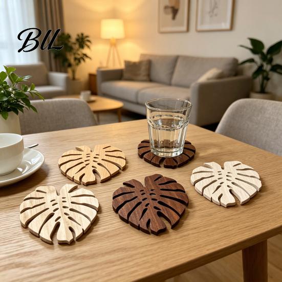 Tea Cup Coaster 5Pcs Tropical Leaf Coasters Wooden Drink Mats for Kitchen Bar Table Summer Style Protection Monstera Shape Heat-Resistant Mat