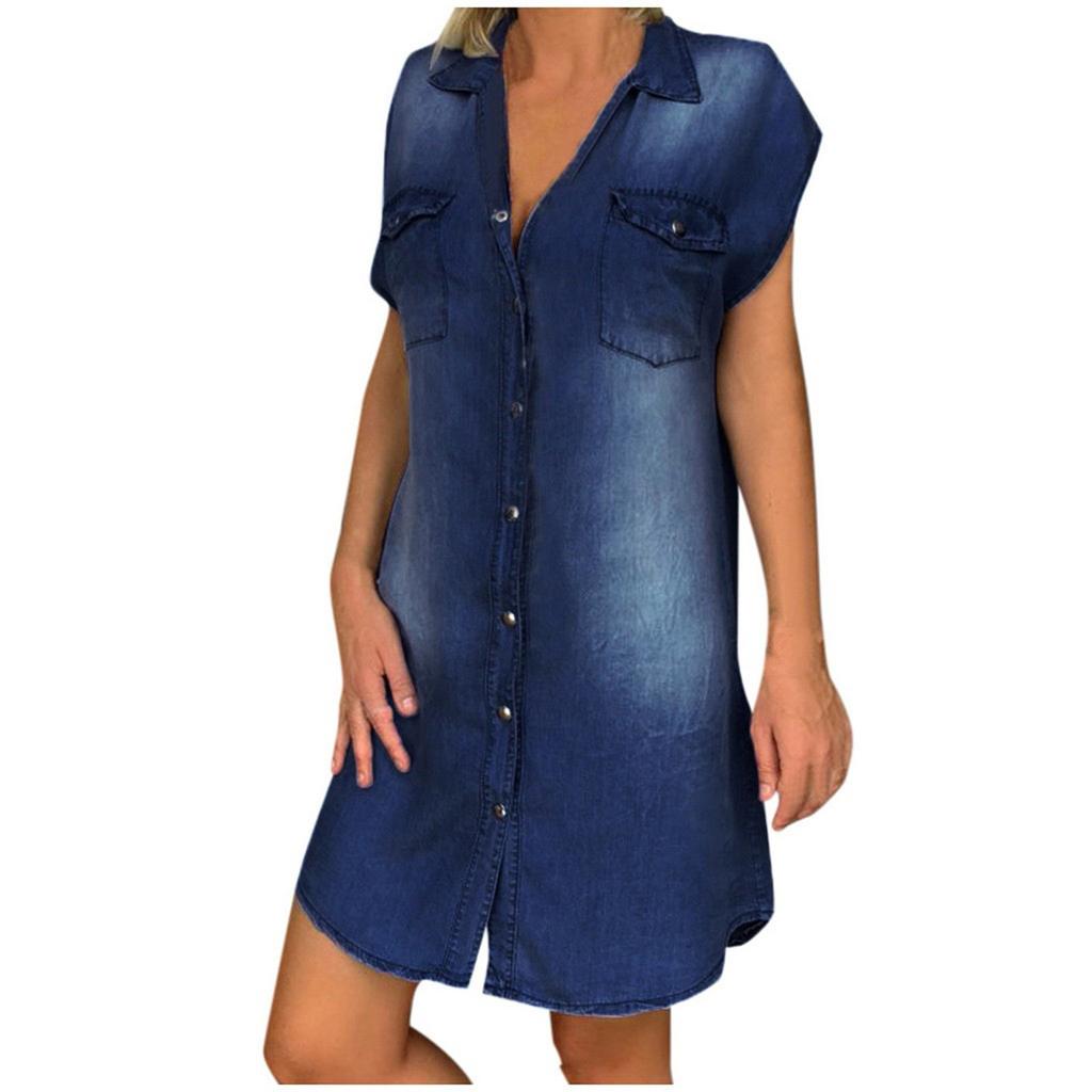 Women's Casual V-neck Denim Party Dress Sleeveless Swing Dress