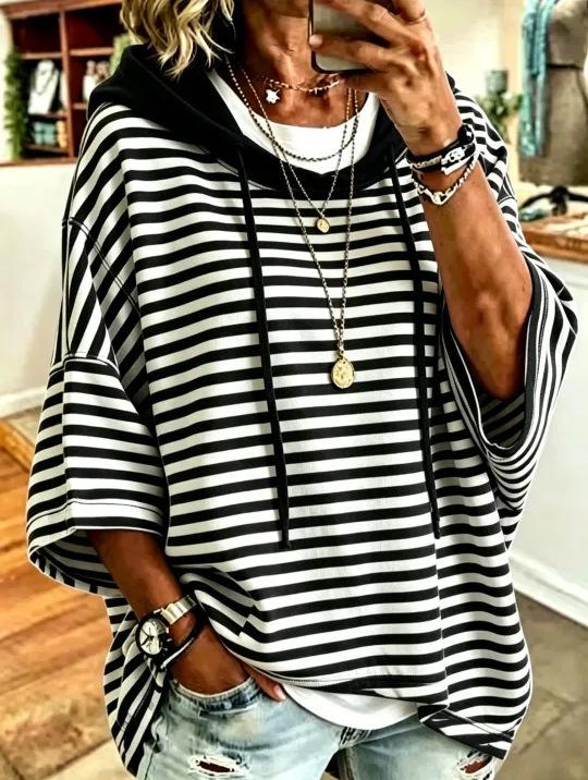 Women s Striped Three-Quarter Sleeve Pullover Hoodie Loose Fit Casual Top XL