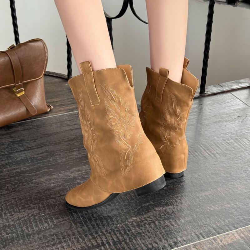 Pointed western cowboy boots women's new autumn temperament retro stacking boots thick heel versatile short boots