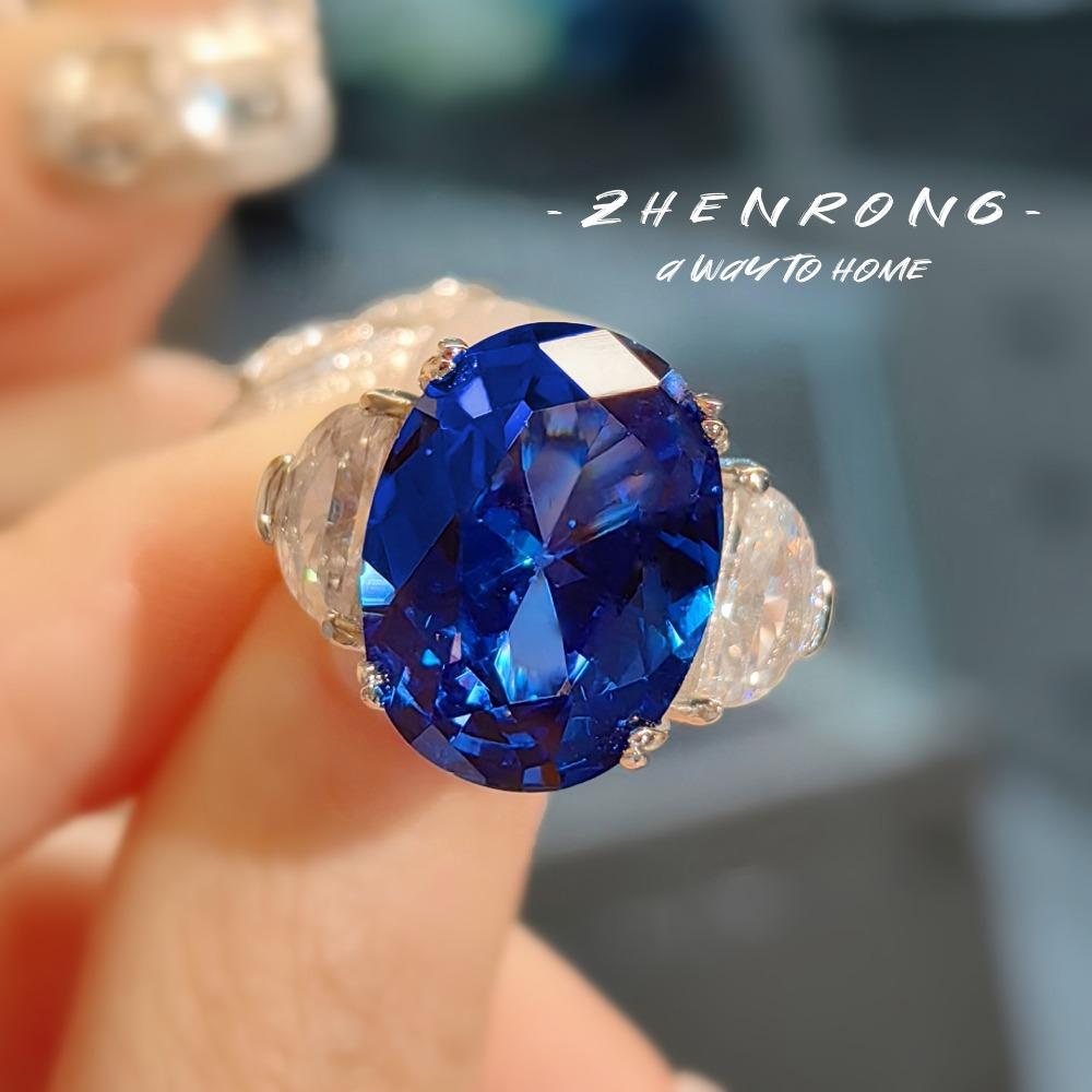 Elegant Royal Blue Spinel Ring for Women High Carbon Diamond Minimalist Fashion Jewelry