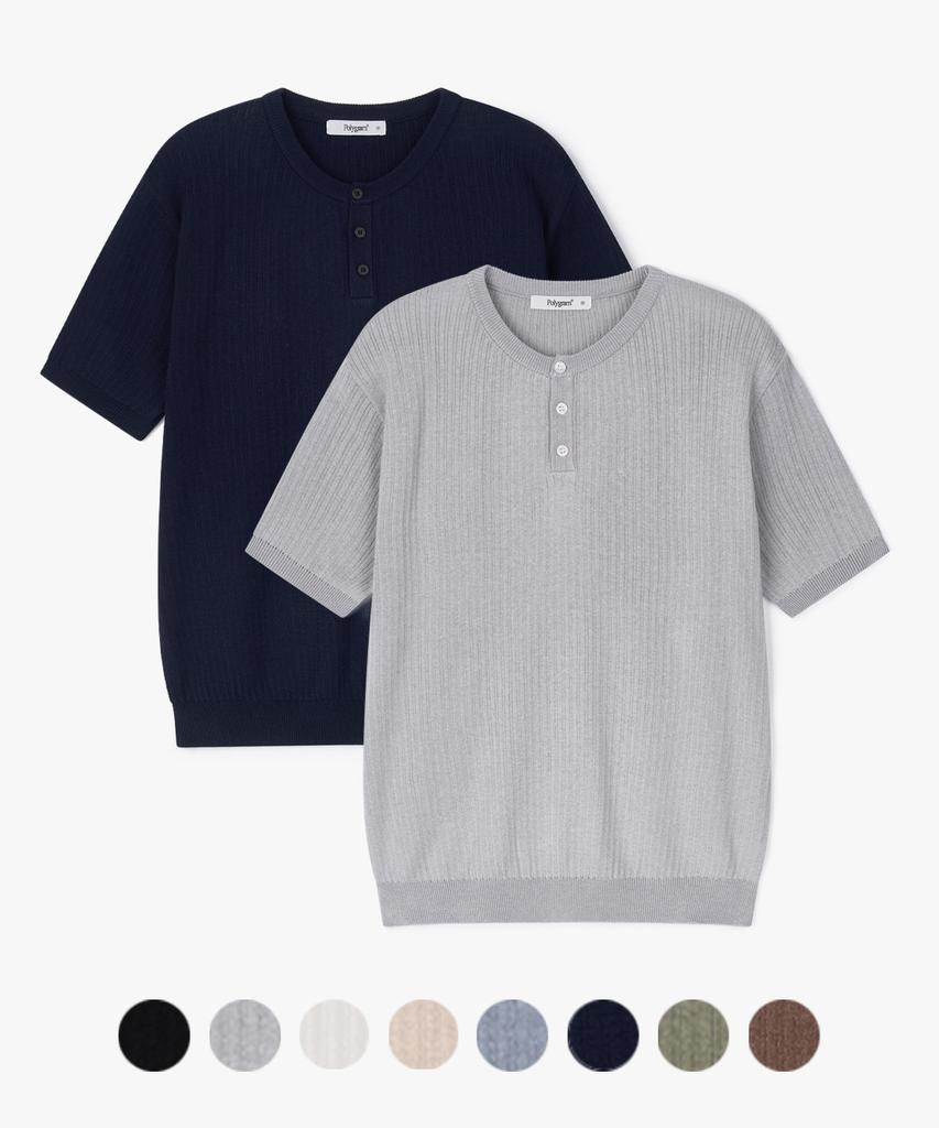 POLYGRAM Ribbed Henley Neck Short Sleeve Knit - 8 Colors (Type B)