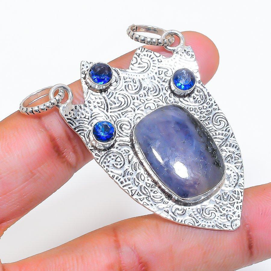 Natural Lazurite, Iolite Gemstone 925 Sterling Silver Jewelry Pendant 2.17" ZS-363