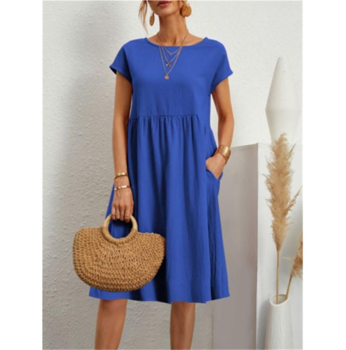 Women Vintage Solid Dress Summer Elegant O Neck Short Sleeve Cotton Linen Dresses Female Casual Loose Sundress Long Dress