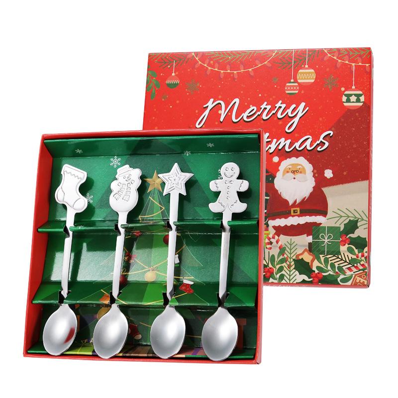 Creative Christmas Spoon gift box stainless steel tableware cartoon gingerbread man coffee spoon colored box suite