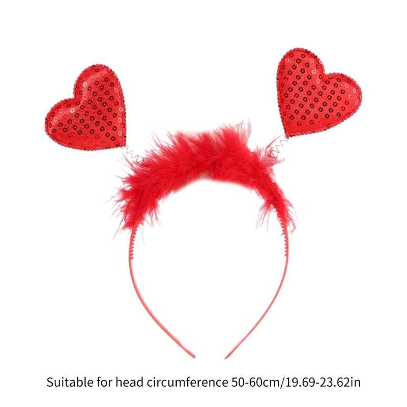 Sequins Heart Hairband Vintage Headband with Feather for Woman Valentines Party